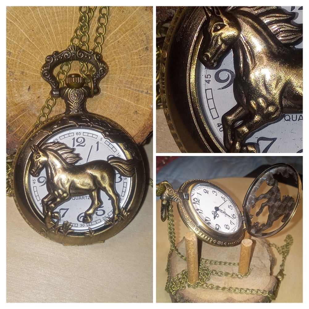 Elegant Gold Horse Pony Pocket Watch Necklace Purebred